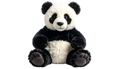 Stuffed panda plush sits upright on background