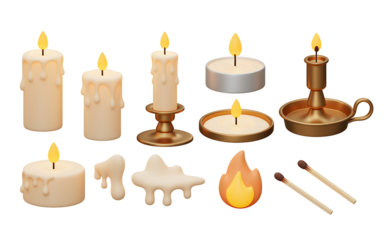 Collection of lit candles and matches on a black background