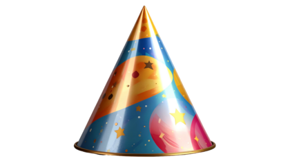Party cone hat with stars, balloons, moon on blue background