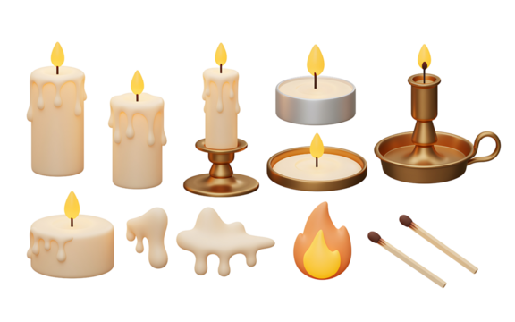 Collection of lit candles and matches on a black background