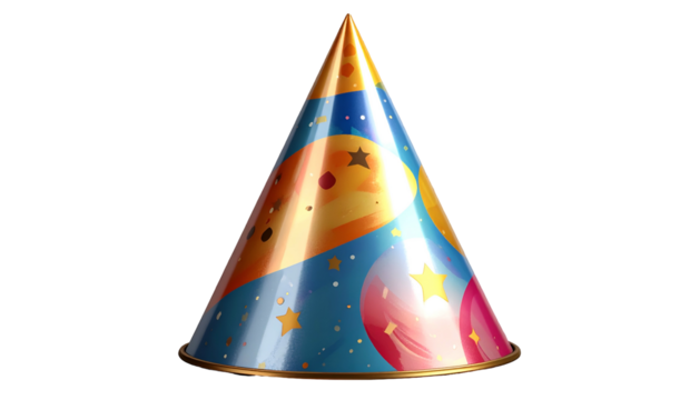 Party cone hat with stars, balloons, moon on blue background