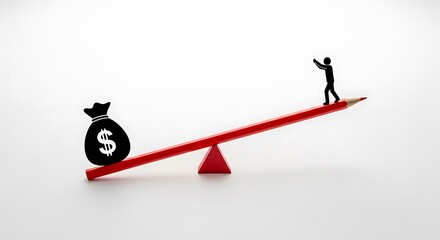 Money bag and person on seesaw made of pencil isolated on white background