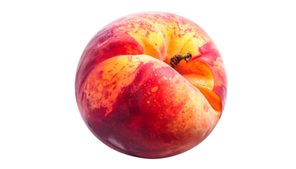 Ripe peach with mottled skin, centered against black