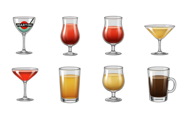 Collection of eight different alcoholic and non alcoholic beverages in various glasses
