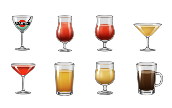 Collection of eight different alcoholic and non alcoholic beverages in various glasses