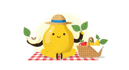 Fototapeta premium Joyful Pear Character Enjoying a Picnic on a Sunny Day with A Lot of Fruits