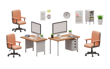 Modern office setup with two desks computers chairs and storage