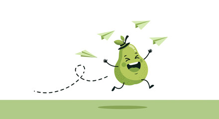 Obraz premium Joyful Pear Mascot Chasing Paper Aeroplanes, Cheerful Cartoon Illustration Design