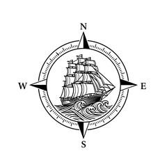 Compass Rose with Sailing Ship - A Vintage Nautical Illustration.