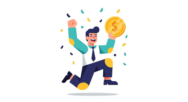 Joyful Person Celebrating Success Holding A Gold Coin With Confetti on Black Background