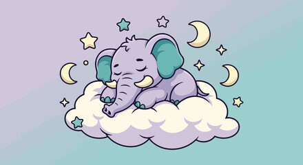 Fototapeta premium Dreamland Elephant: A serene cartoon elephant peacefully dreams amidst a celestial backdrop of stars, moons, and fluffy clouds. This whimsical artwork captures the gentle essence of a tranquil night.