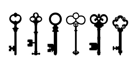 Set of black silhouettes of door keys. Key icon set. Vintage key antique door key isolated on white background. Keys and padlock silhouette. Vector.
