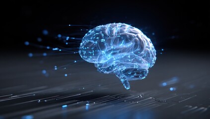 Glowing blue digital brain connected to light streams over dark surface.