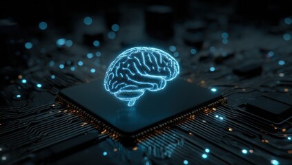 Glowing digital brain hologram above a dark computer microchip.