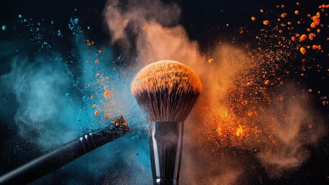 Makeup brushes colliding releasing powder cloud in slow motion. Vibrant cosmetic explosion, beauty, and creative art VFX concept.