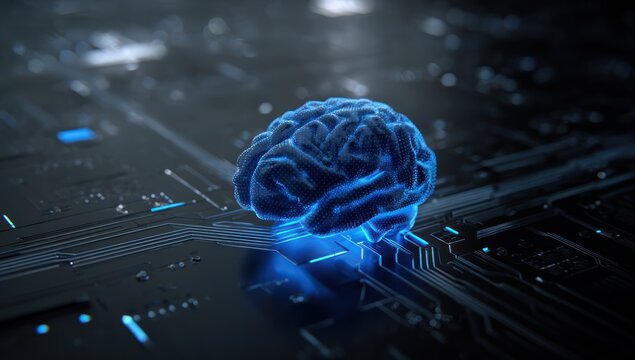 Glowing blue digital brain rests on dark electronic circuitry background