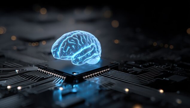 Glowing digital brain rests on a dark computer circuit board.