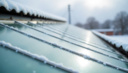 Winter frost on glass rooftop reflecting sunlight in calm rural setting