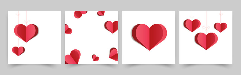 Minimal Valentine's Day template set with cut out paper hearts and space for text. Romantic designs with 3D paper hearts for greeting cards, invitations, digital posts, posters, banners, print. Vector