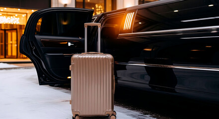 Packed suitcase on snow: Stylish luggage beside open limousine door in winter setting  