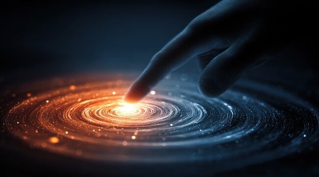 Digital wireframe finger touches glowing energy vortex in darkness