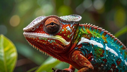A vibrant chameleon perches on a branch, its detailed skin displaying red, blue, green, and yellow hues. The image focuses on its eye and scales