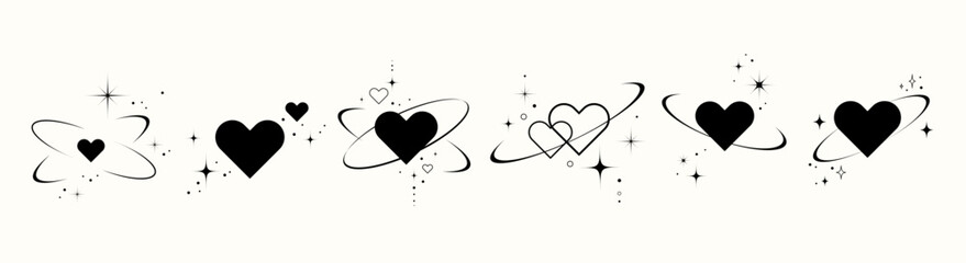 Minimal Heart Icon Set with Stars and Orbit Lines in Y2K Retro Style.Vintage Love Icons stars, sparkles, for tattoo, stickers, merchandise, packaging, branding, romantic graphics. Vector illustration © Ilonka eva