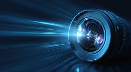 Camera lens with bright blue light streaks on dark background.
