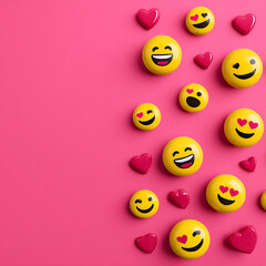 Joyful Emoji Faces and Hearts Flat Lay on Bright Pink Surface &ndash; Fun Digital Design made with generative AI