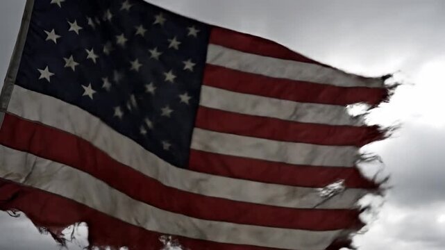 Dramatic Shot of a Tattered and Weathered American Flag Waving Against a Gloomy, Overcast Sky