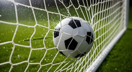 Closeup of a soccer ball hitting the net, showcasing the impact and the moment of scoring a goal, with a blurred green field in the background