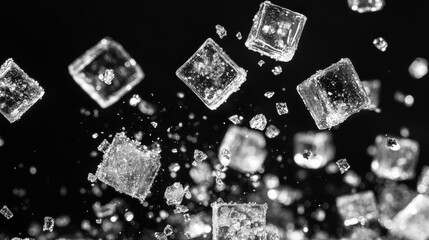 Macro shot of sugar cubes in motion against a black background. the dynamic movement of sugar crystals, creating a visually appealing effect.