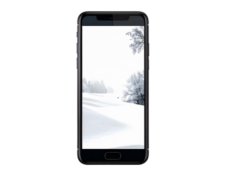 Premium Mobile Phone Mockup Showing High Contrast Winter Snow Landscape Wallpaper on Gray Background