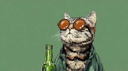 Chill Tabby Cat Wearing Sunglasses with Green Bottle on Sunny Day made with generative AI