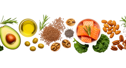 Overhead shot of healthy fats including avocado, olive oil, flax seeds, chia seeds, walnuts, salmon, kale, almonds, pecans, and rosemary isolated on transparent background