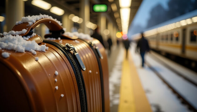 Snow covered suitcase on a railway platform at winter dawn. Fresh frost on hard case and handle as a train arrives with headlights. Travel delay and cold weather in urban transit. Commuters nearby.

