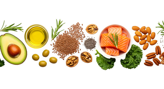 Overhead shot of healthy fats including avocado, olive oil, flax seeds, chia seeds, walnuts, salmon, kale, almonds, pecans, and rosemary isolated on transparent background