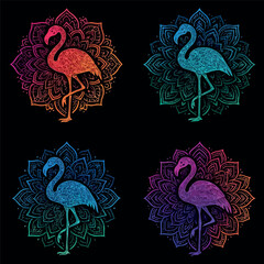 Gradient colorful flamingo mandala arts isolated on black background