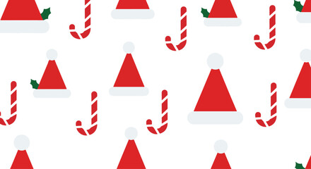 Delightful Flat Christmas Holiday Pattern with Festive Red Hats and Striped Candy Canes on a Clean White Background