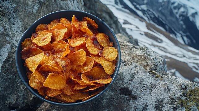 A bowl of crispy potato chips sits atop a rocky mountain peak with snowy background scenery