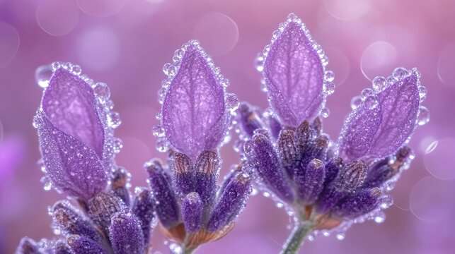 Close up of dewy lavender flowers with water droplets - Powered by Adobe