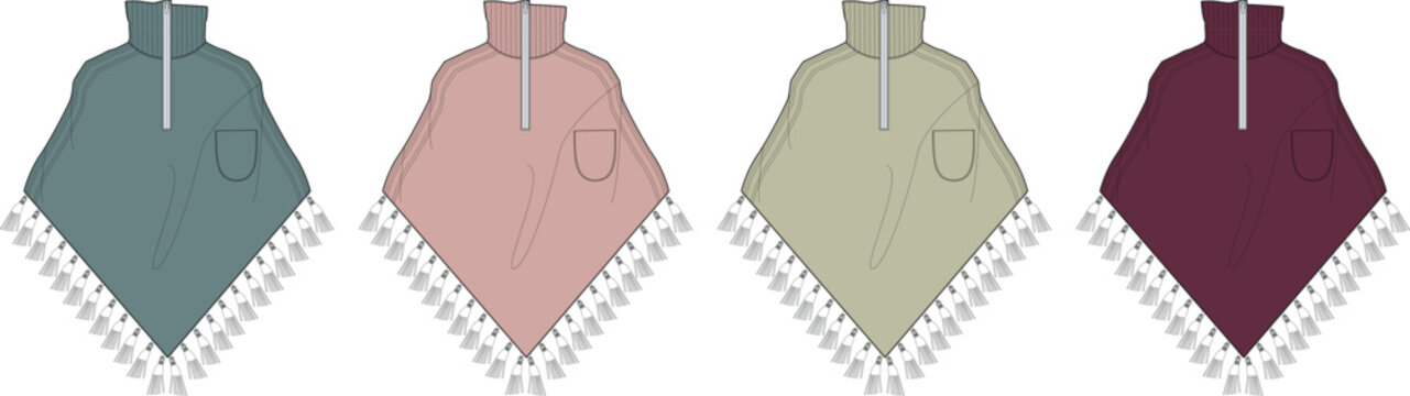 Technical flat sketch of a hooded fringe poncho in four colorways. Fashion design vector template with zipper and pocket details