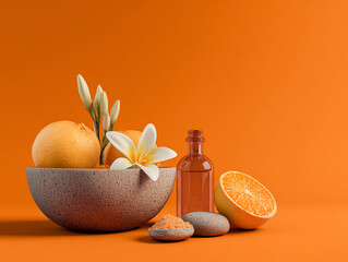 Flat lay composition of citrus-inspired spa essentials  arranged on a vibrant orange background. Ideal for wellness, skincare, aromatherapy,  made with generative AI
