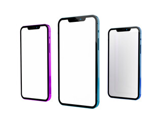 Three Modern 3D Smartphone Mockups with Vibrant Iridescent Frames. Blank Screen Template for UI/UX Design.