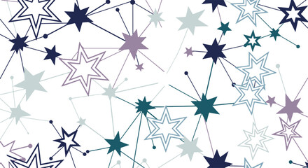 Seamless Flat Design Pattern with Stylized Stars and Network Connections on a White Background for Abstract Graphics © Dwi