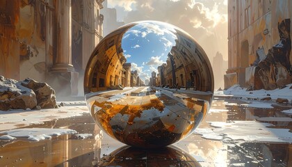 A reflective sphere sits on a shiny surface in a classical city. The sphere shows a reversed view of the city. Light and shadow interplay