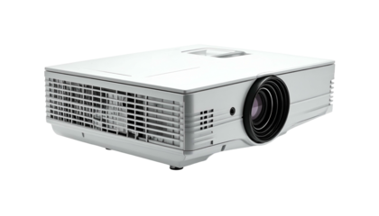 White projector with lens, vents, isolated against a black background