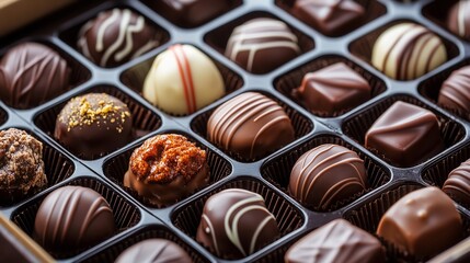 A delightful assortment of gourmet chocolates in a box, featuring various shapes, swirls, and flavors for a sweet indulgence