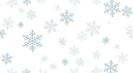 Flat blue falling snowflakes pattern on a clear white background, creating a serene winter concept for seasonal designs and festive themes