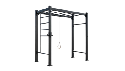 Black metal playground structure with ladder, ropes and ball